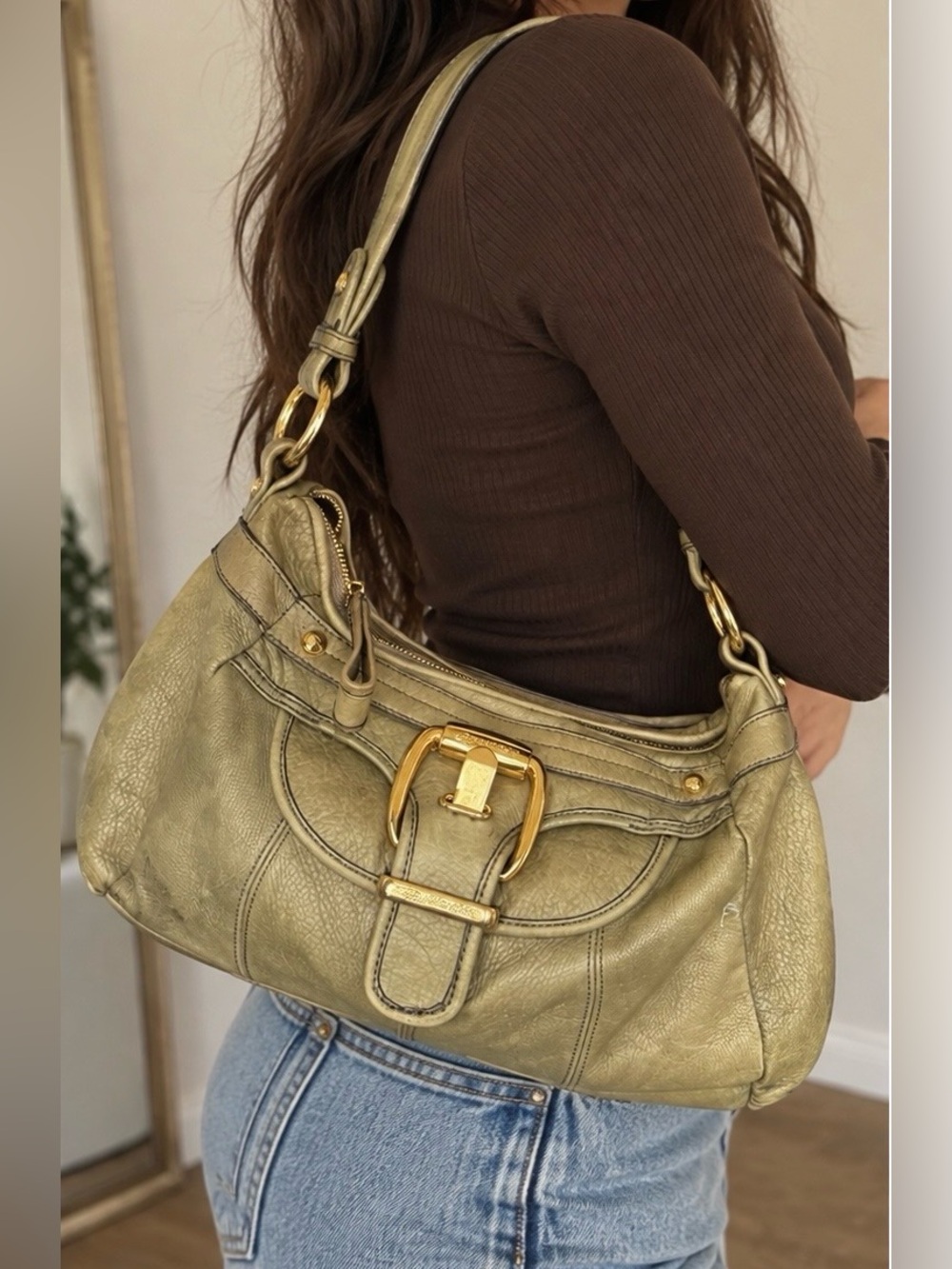 B. Makowsky Green Leather Shoulder Bag Gold Accents Y2K Slouchy Hobo Purse